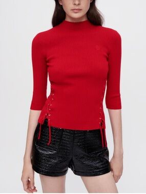 Maje Manuello Ribbed Mock Neck Lace-Up Sweater Red Size 1 (Small)